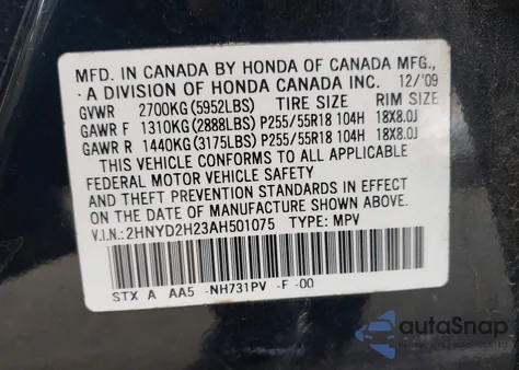 2010 Acura Mdx from USA, damaged, VIN 2HNYD2H23AH501075